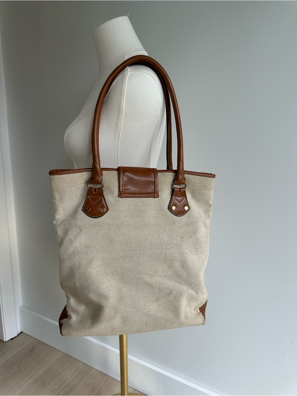 Isaac Mizrahi Beige Canvas Tote with Brown Faux Leather Trim - Picture 7 of 12